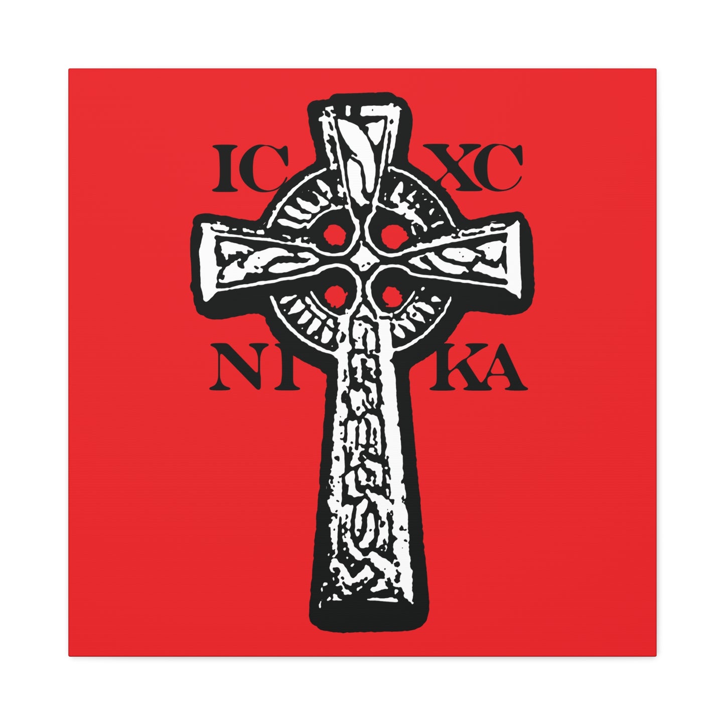 The ICXC NIKA Celtic Knotwork Cross features a black and white cross with Greek letters on a red background, representing "Jesus Christ Conquers"; a traditional piece of Orthodox Christian wall art.