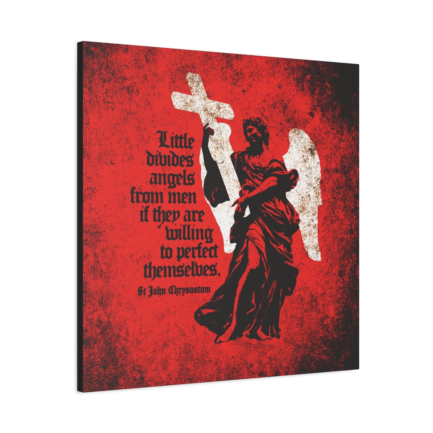 The "Little Divides Angels from Men | Christian Perfection" canvas art features St John Chrysostom's quote on a textured cemetery angel, offering Orthodox Christian inspiration for your faith and home.