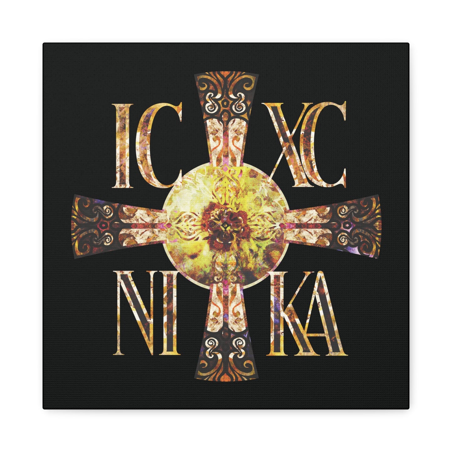 ICXC NIKA Celtic Style Equal Armed Cross | Bright Solar Texture | Orthodox Christian Canvas Art