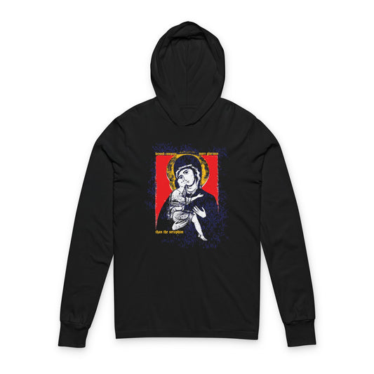 Beyond Compare More Glorious Than the Seraphim | Vladimir Theotokos Iconographic | Orthodox Long Sleeve Hooded Shirt