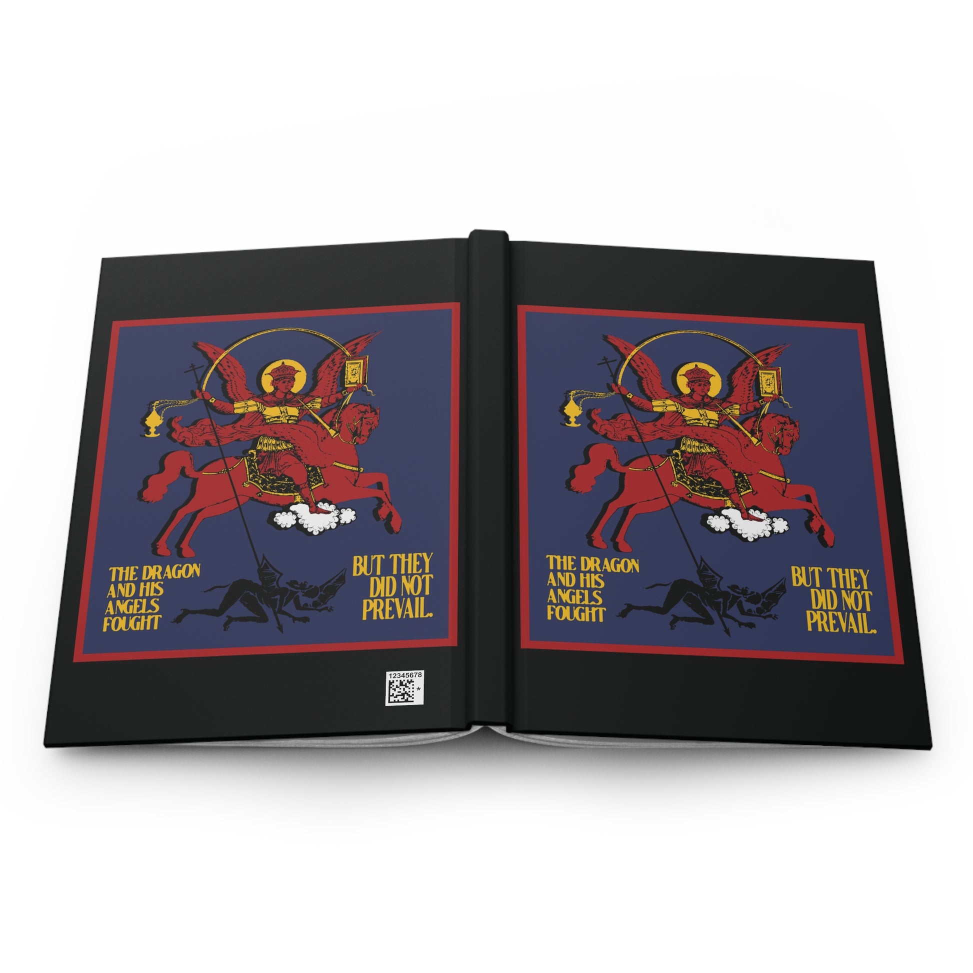 The Archangel Michael of the Apocalypse IconoGraphic Hardcover Journal features a dynamic red angel and horse on a blue background, inspired by Revelation 12:7-8 and the theme of spiritual warfare.