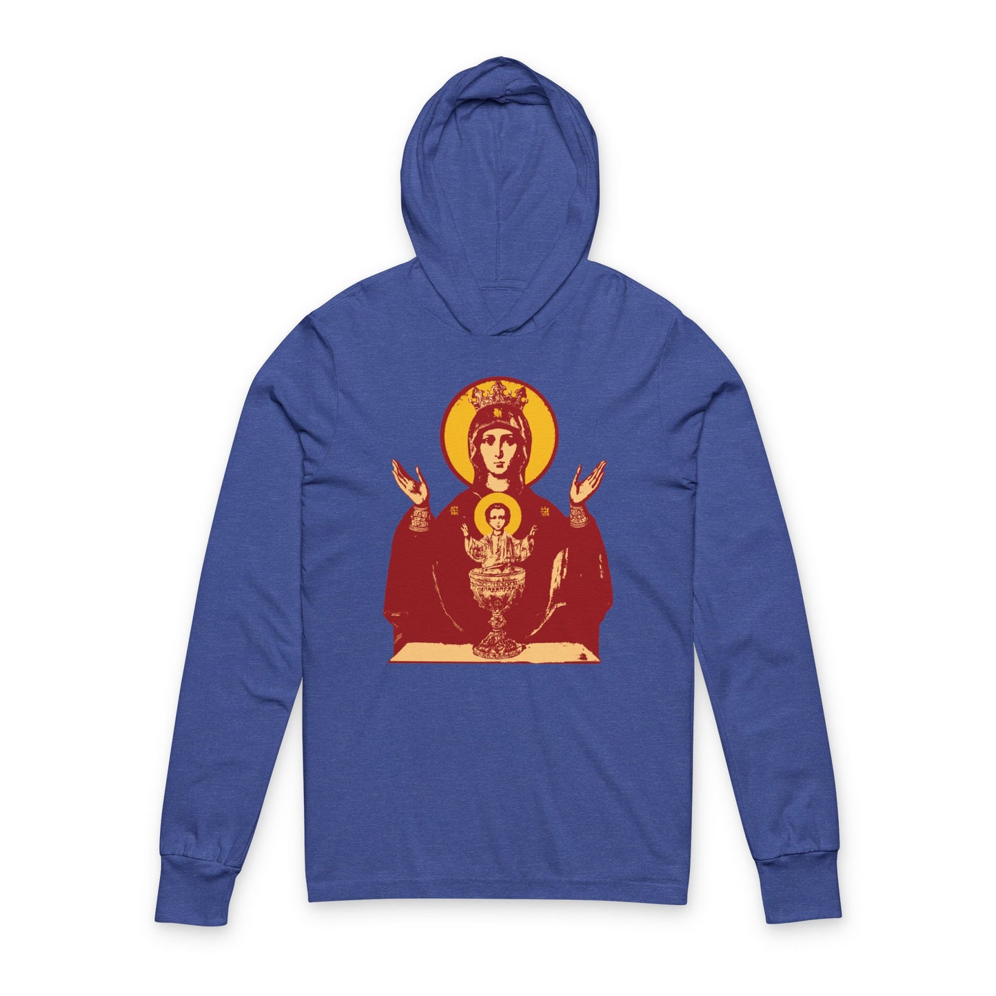 Heather True Royal hoodie with a front icon-style graphic of the Holy Theotokos "Inexhaustible Chalice"—Mary and baby Jesus in red and gold. Orthodox Christian shirt: Deliverer from Addictions, Conquer Passions.