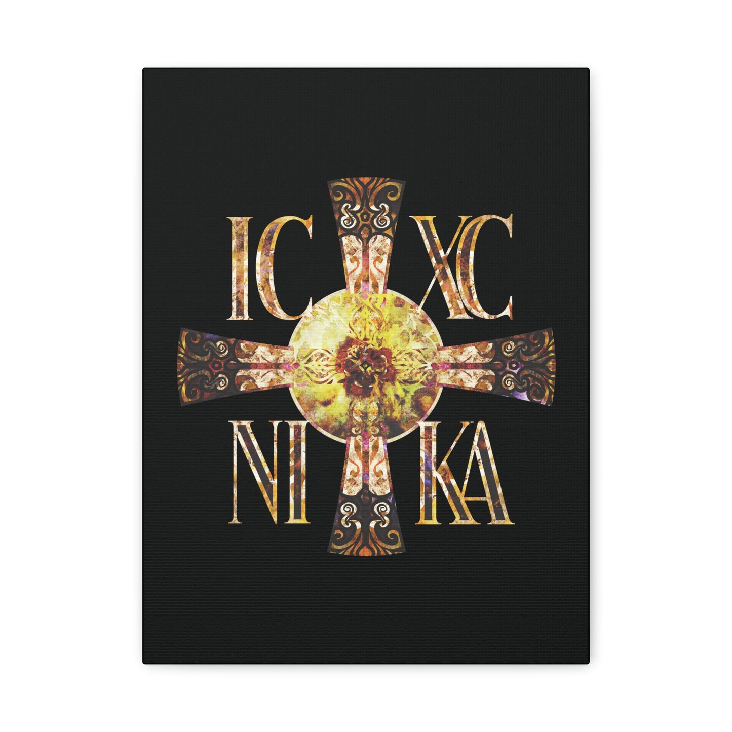ICXC NIKA Celtic Style Equal Armed Cross | Bright Solar Texture | Orthodox Christian Canvas Art