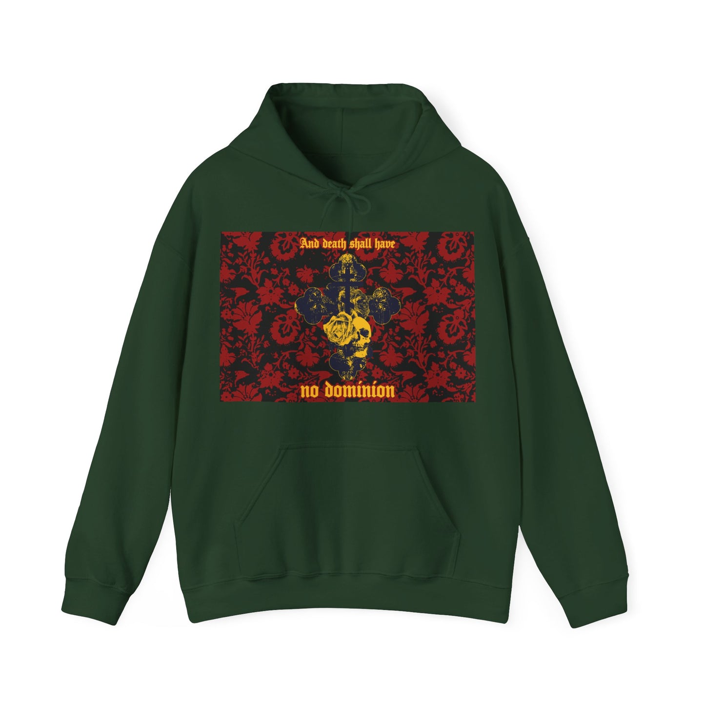 And Death Shall Have No Dominion (Dylan Thomas) | Resurrection | Gothic Style Cross, Skull and Rose on Floral Background | Orthodox Christian Hoodie-Forest Green-S-Remembrance of Death