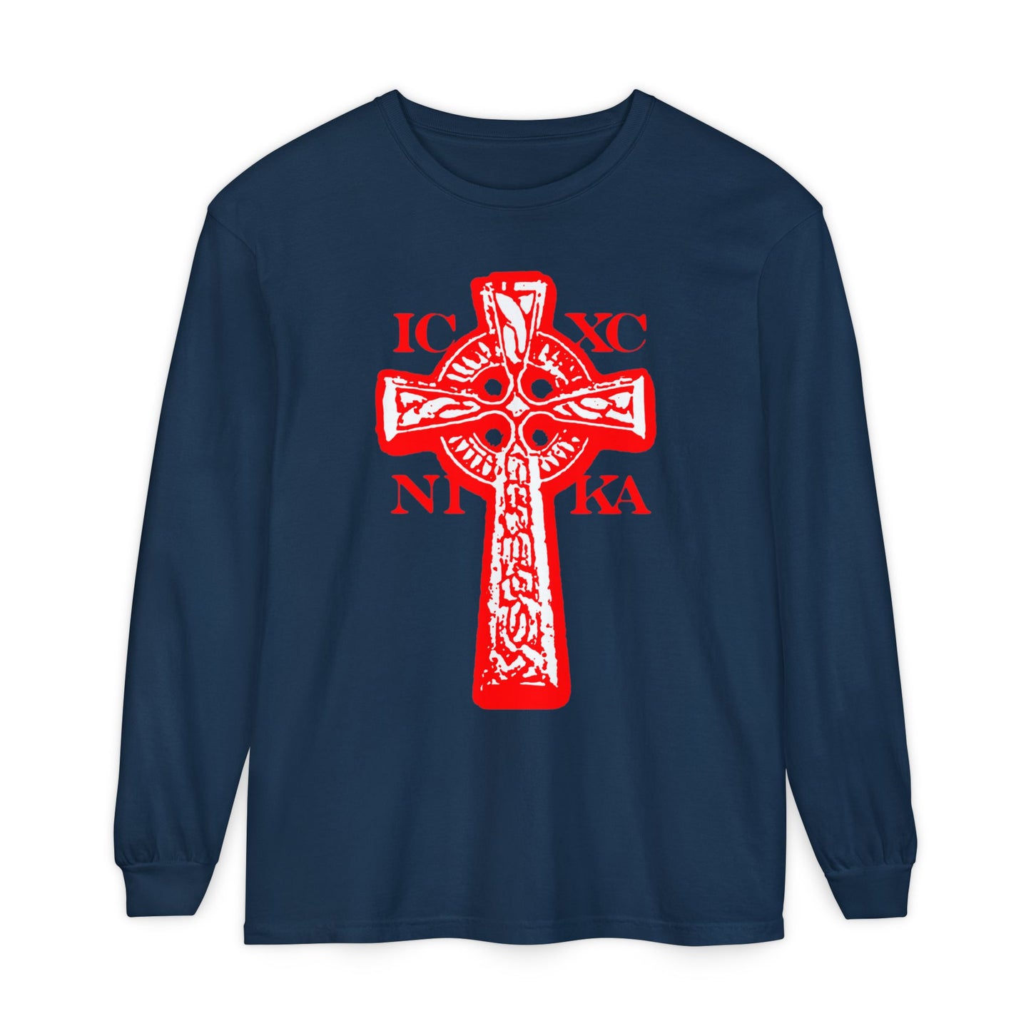 True Navy long sleeve featuring the ICXC NIKA Celtic Knotwork Cross in black and white on a red background, symbolizing "Jesus Christ Conquers." A traditional Orthodox Christian design expressing faith and salvation.