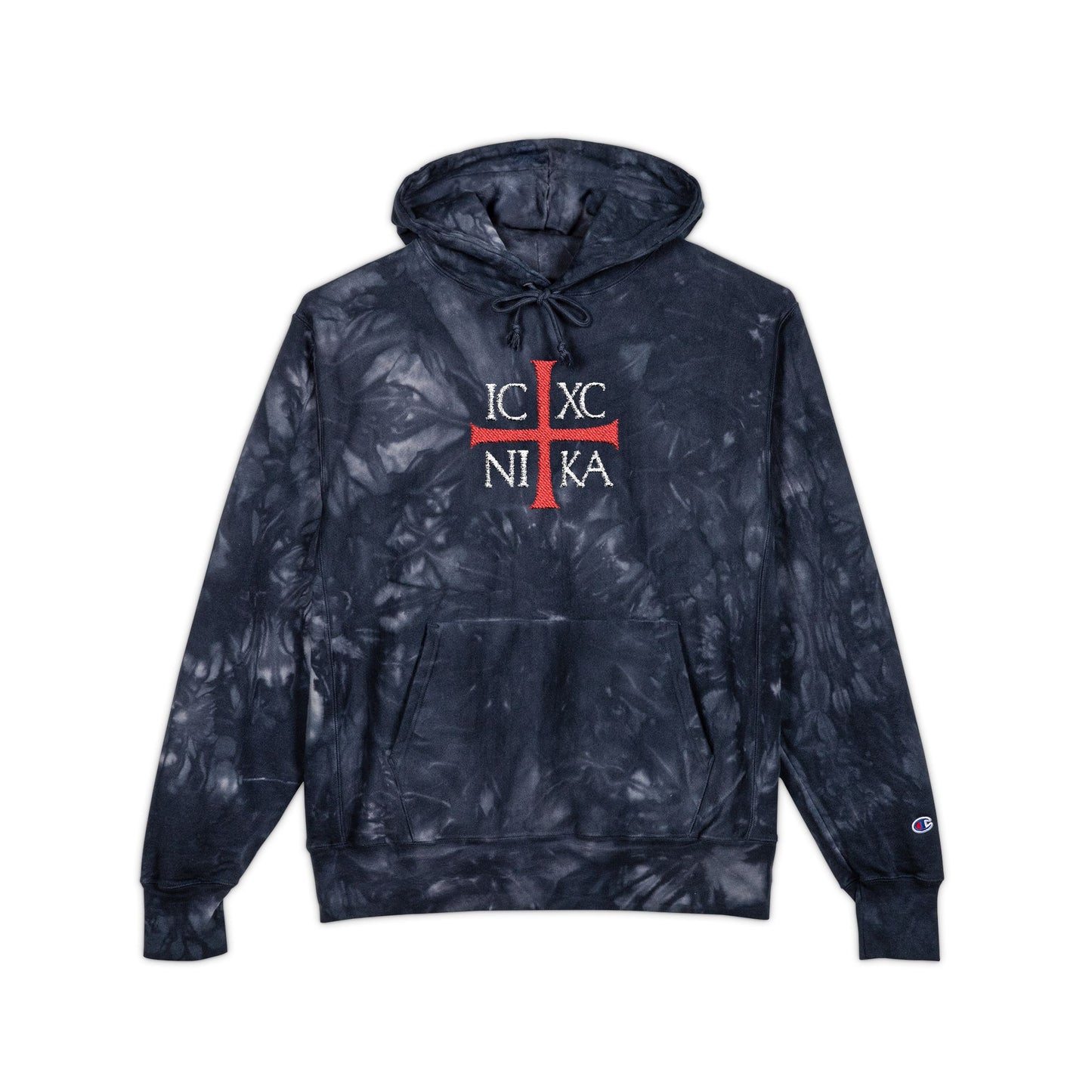 Navy tie-dye hoodie featuring an embroidered red cross with white "ICXC NIKA" text, inspired by Orthodox Christian faith and Romans 8:31-39. Premium streetwear: ICXC NIKA Means Jesus Christ Conquers.