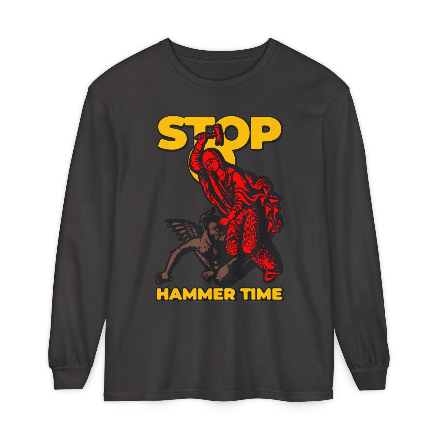 Black long-sleeve shirt featuring "Stop, Hammer Time" and a bold red creature, inspired by St Marina of Antioch beating the devil with a hammer. Fun modern Orthodox Christian meme in red, blue, and yellow.