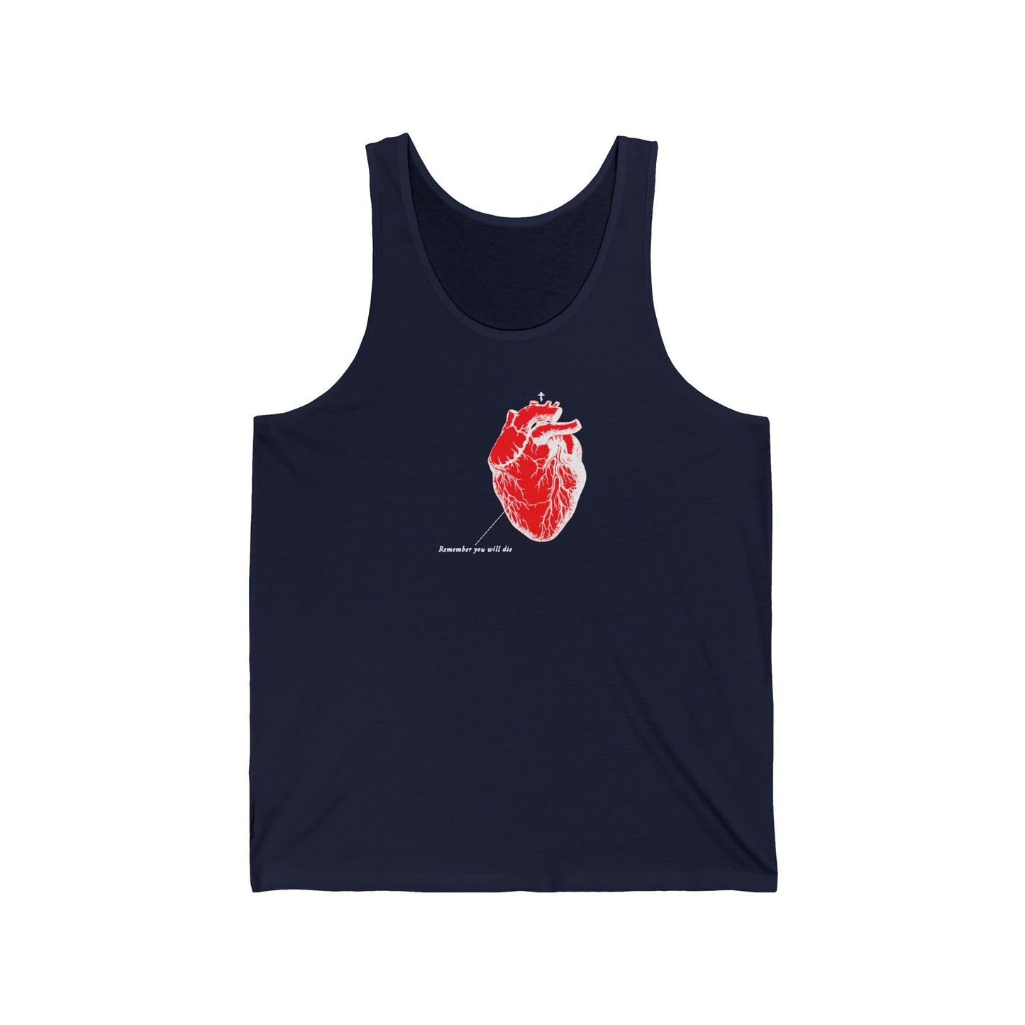 This navy Remember You Will Die unisex tank top, made from soft Airlume cotton, displays a red anatomical heart graphic with the phrase Remember you are alive underneath, offering a light fabric perfect for any wardrobe.