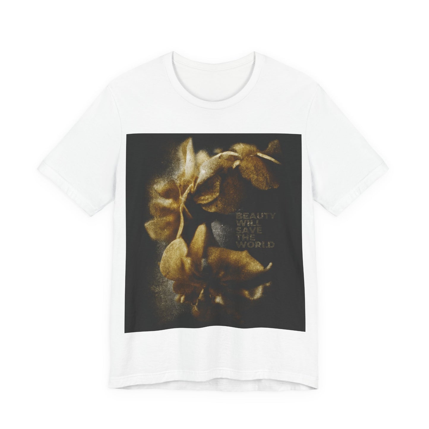 White t-shirt featuring original photography and “BEAUTY WILL SAVE THE WORLD” on the front, celebrating Jesus Christ as Universal Creator and King. Inspired by Dostoevsky—Orthodox Christian artwork glorifying creation's beauty and goodness.