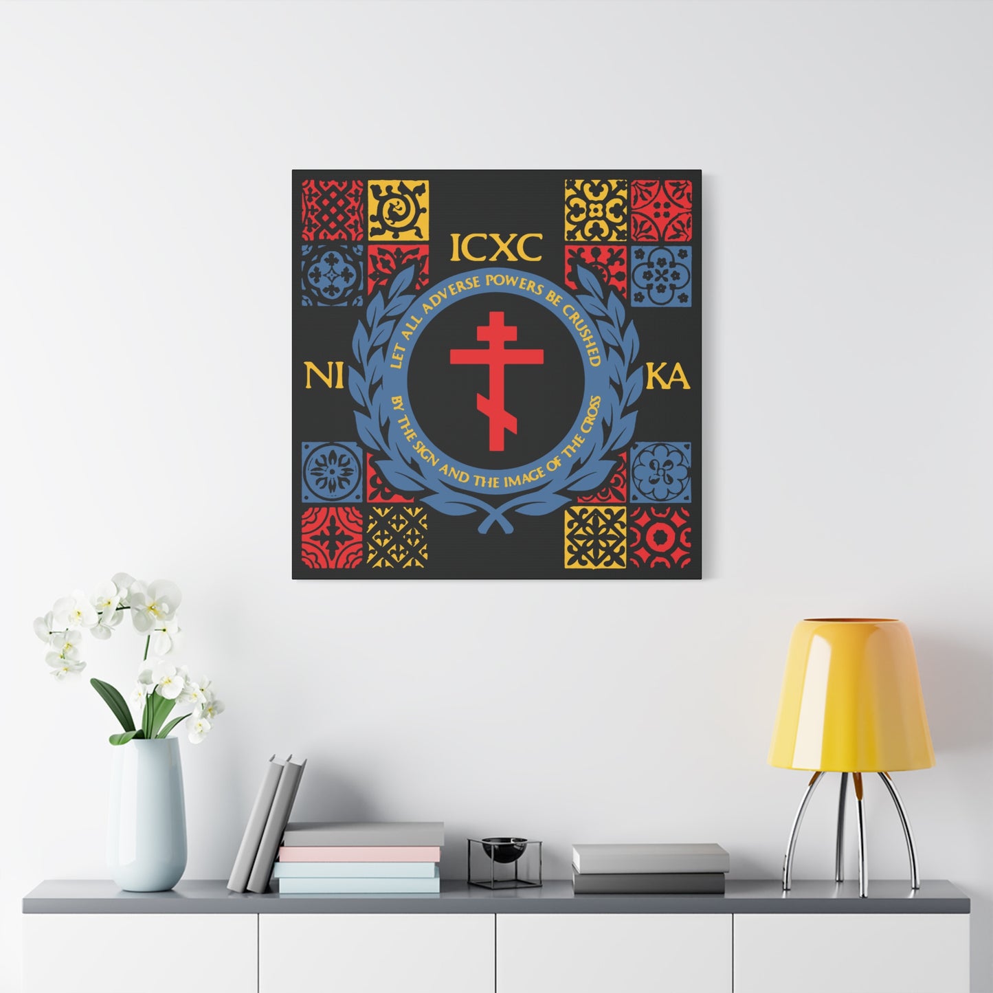 Let All Adverse Powers Be Crushed (Red, Yellow & Blue Design) | ICXC NIKA | Medieval Tile Design | Orthodox Christian Canvas Art