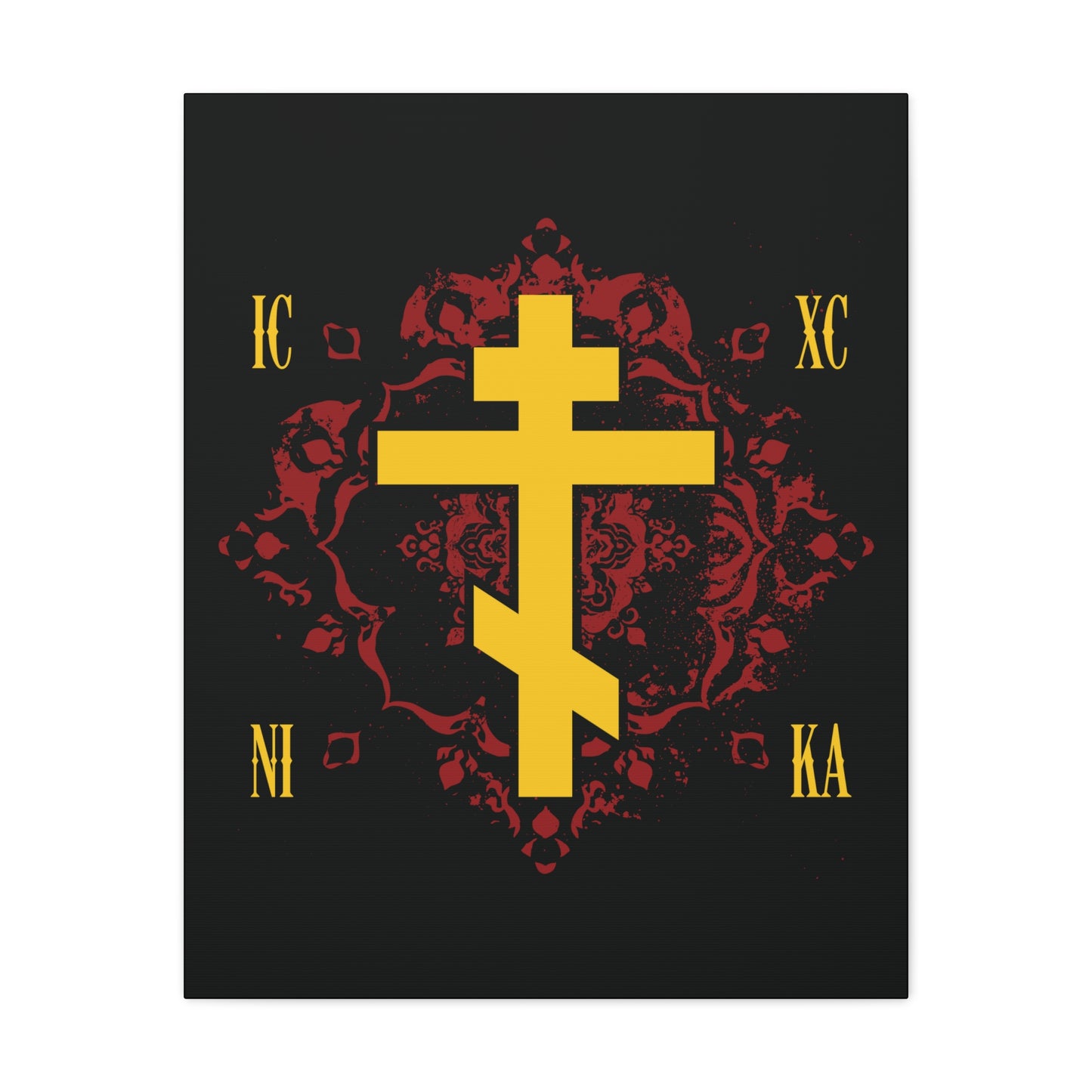 The ICXC NIKA Yellow Russian Cross on an ornate red background features "Jesus Christ Conquers" in Greek letters, symbolizing Orthodox Christian faith in a striking canvas art design.