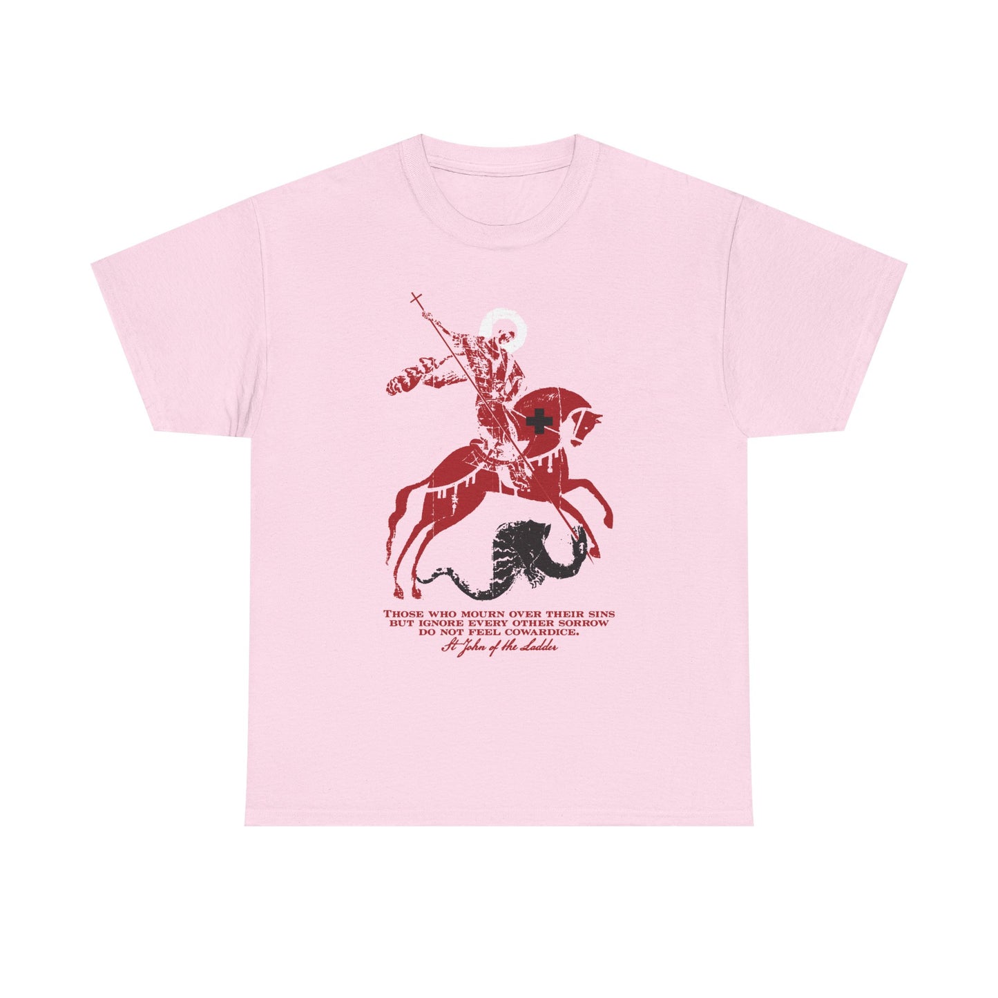 Light pink unisex midweight cotton tee titled “Those Who Mourn Over Their Sins,” featuring an Orthodox Christian iconographic image of St George slaying the dragon, inspired by St John Climacus, with text below and a bold red cross on the horse’s chest.