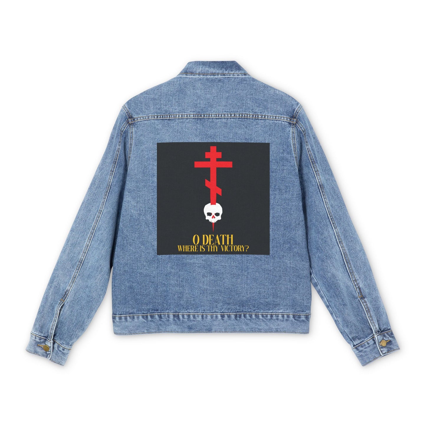 O Death Where is Thy Victory? (1 Corinthians 15:55) | Cross Stabbing Skull | Yellow Text | Orthodox Christian Blue Denim Jacket