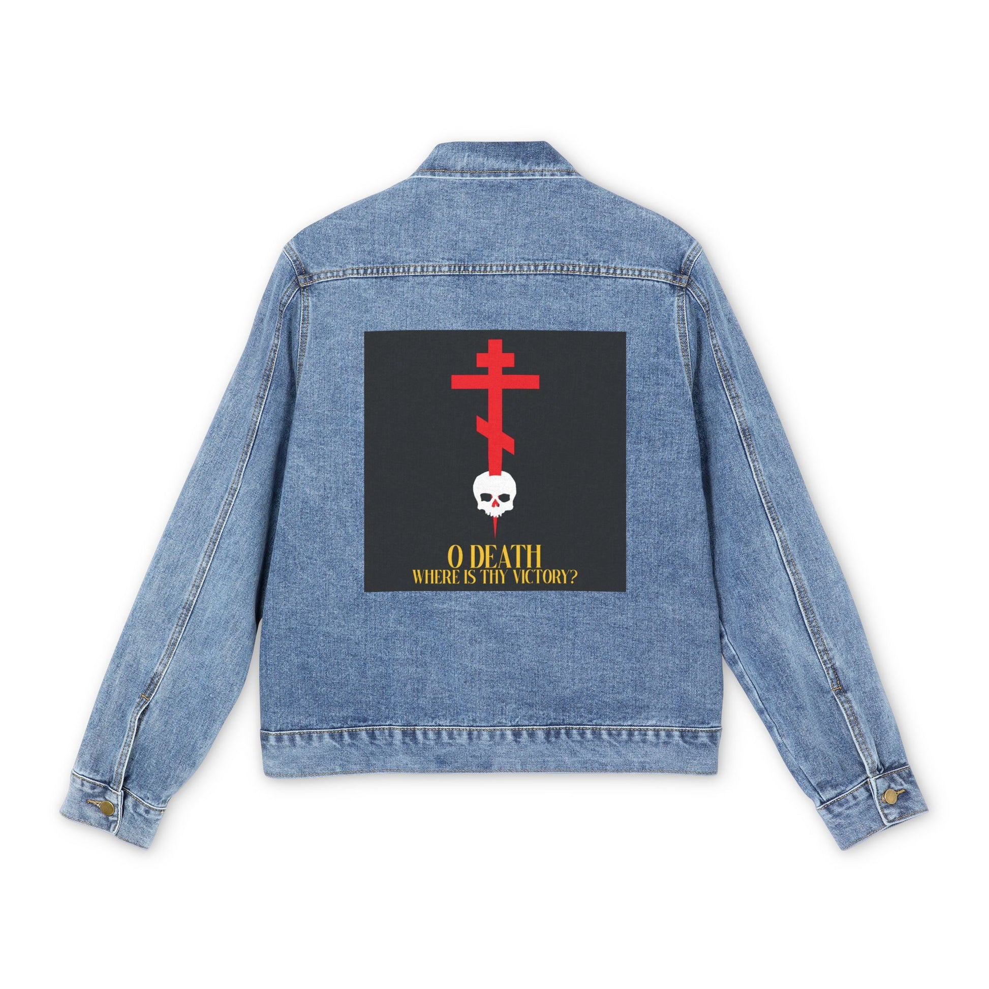 Medium denim wash jacket featuring a red cross stabbing a white skull, with yellow "O Death Where is Thy Victory? (1 Corinthians 15:55)" text—a bold Orthodox Christian statement on resurrection.