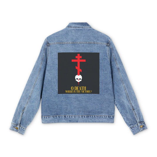 Medium denim wash jacket featuring a red cross stabbing a white skull, with yellow "O Death Where is Thy Victory? (1 Corinthians 15:55)" text—a bold Orthodox Christian statement on resurrection.