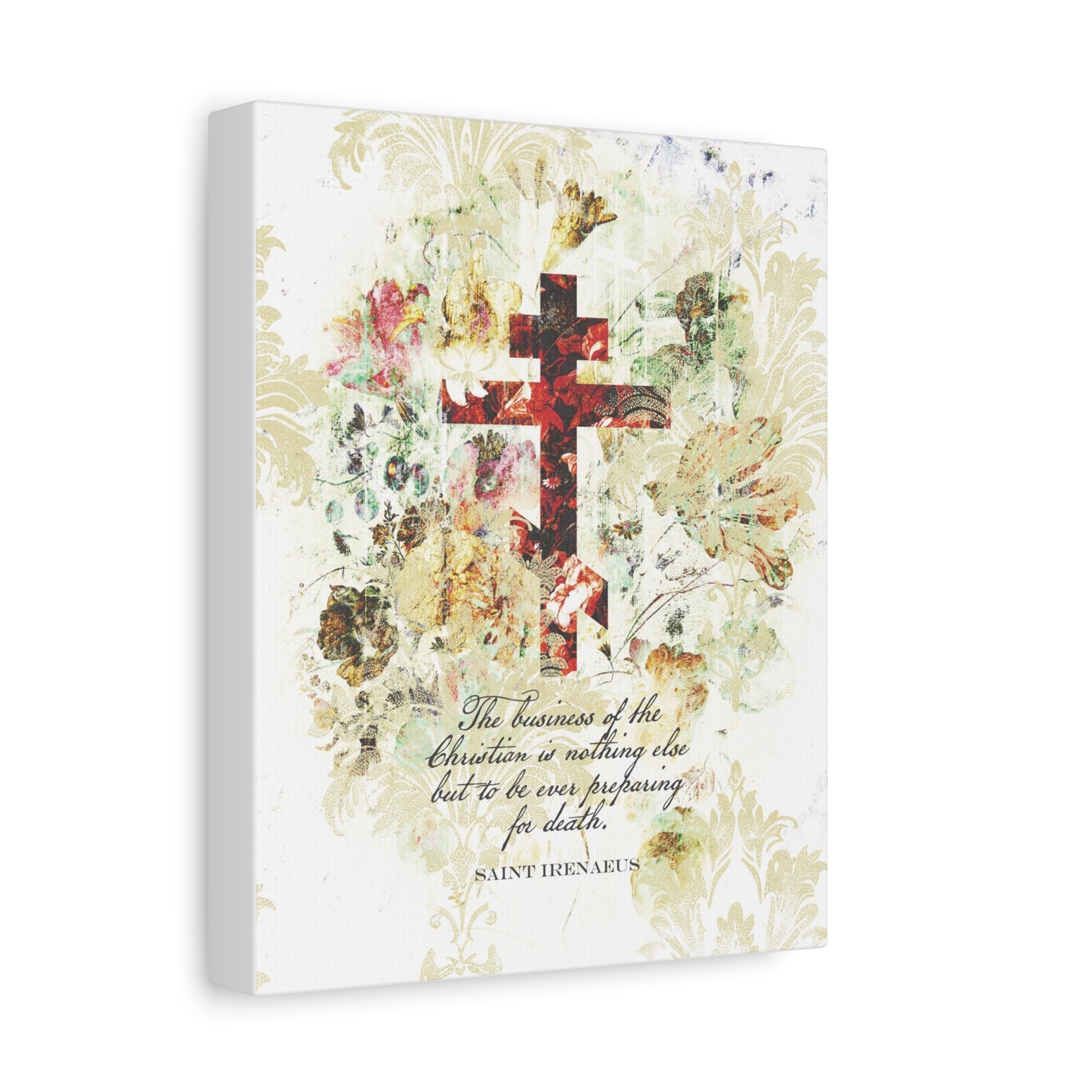 Preparing For Death | White & Beige Floral Scrapbook Texture Cross | Arts & Crafts Style | St Irenaeus | Orthodox Christian Canvas Art