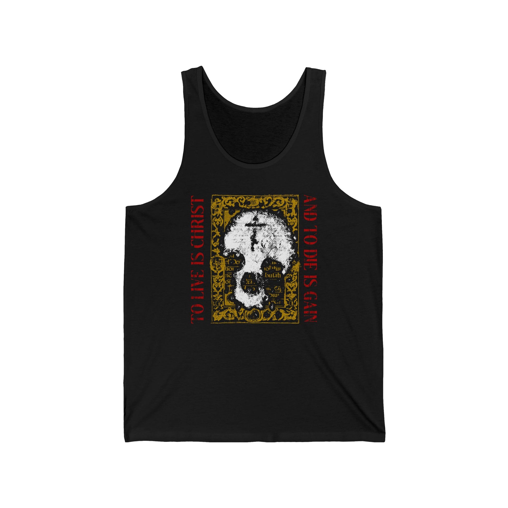 Black "To Live is Christ, to Die is Gain" Orthodox Christian tank top featuring a skull with cross on gold manuscript texture—a bold expression of faith inspired by Philippians 1:21.
