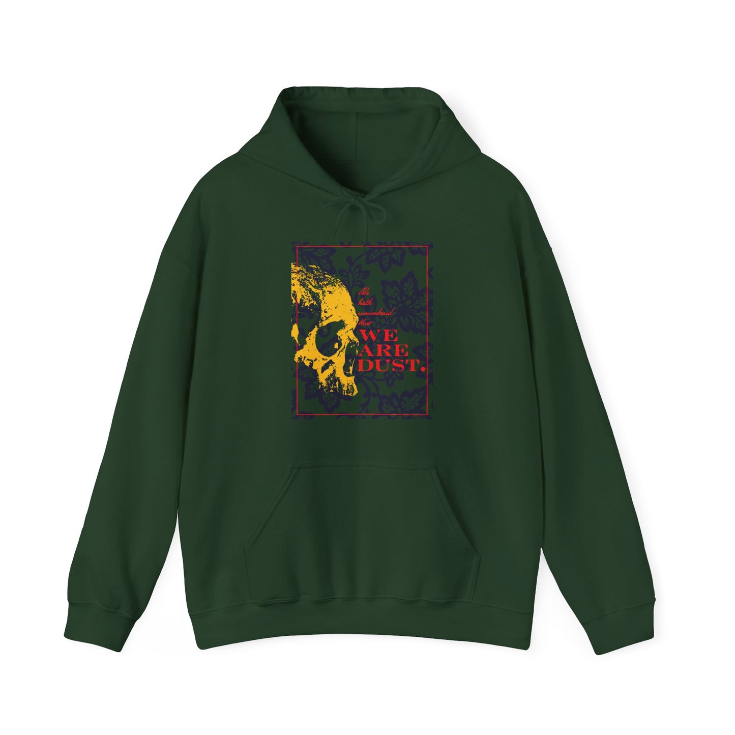 Forest green hoodie featuring a yellow skull on a blue floral background and red “WE ARE DUST.” text, inspired by Psalms 102/103 LXX. Orthodox Christian, gothic style memento mori design.
