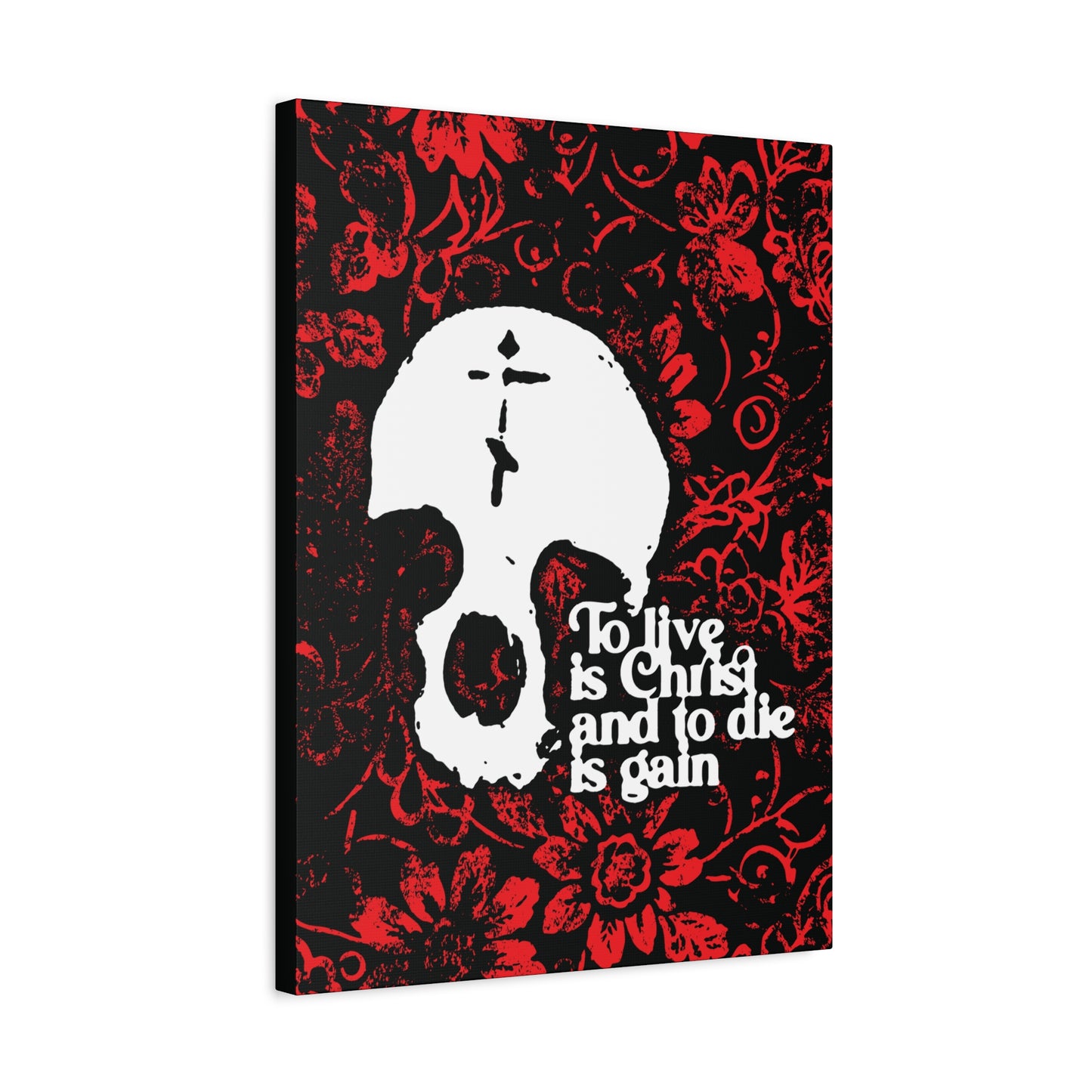 To Live is Christ To Die is Gain (Phil 1:21) | Skull with Cross on Red Floral Texture | Orthodox Christian Canvas Art