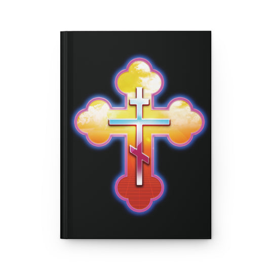 80s Synthwave Retrowave Outrun Aesthetic | Glowing & Reflective Gold & Red Three-Bar Cross | Orthodox Christian Accessory | Hardcover Journal-Journal-Remembrance of Death