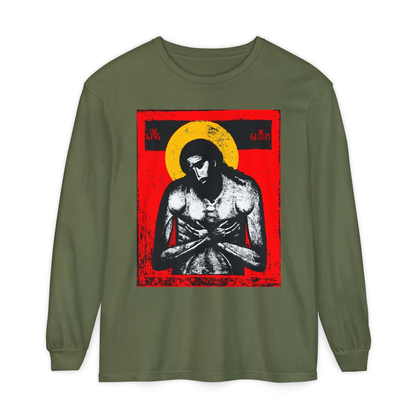 Hemp long-sleeve "The King of Glory Jesus Christ 'Extreme Humility' IconoGraphic," featuring a grayscale Jesus on red, yellow, white, and black—Christian devotional, inspired by Isaiah 53.