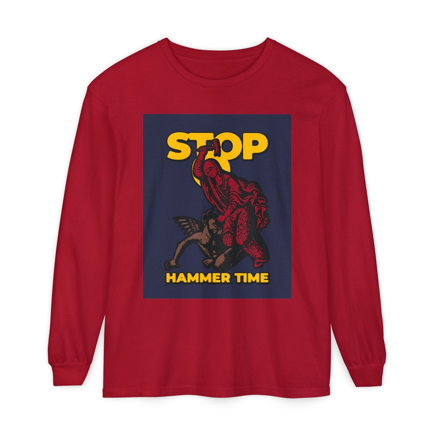 Red long-sleeve shirt: “St Marina of Antioch Beating the Devil with a Hammer | Stop, Hammer Time.” Features St Marina holding a hammer over the devil. Modern Orthodox meme in red, blue, and yellow. Christian long sleeve.