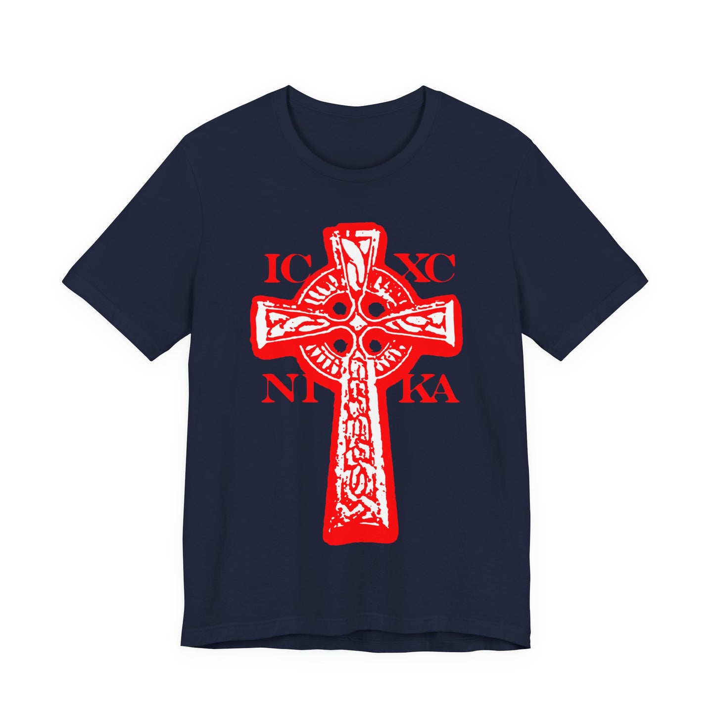 Navy t-shirt featuring a black and white Celtic knotwork Cross on a red background with Greek letters IC XC NIKA, symbolizing “Jesus Christ Conquers.” Traditional Orthodox Christian design.