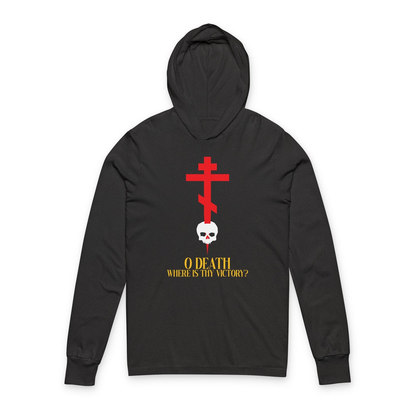O Death Where is Thy Victory? (1 Corinthians 15:55) | Cross Stabbing Skull | Yellow Text | Orthodox Christian Long Sleeve Hooded Shirt