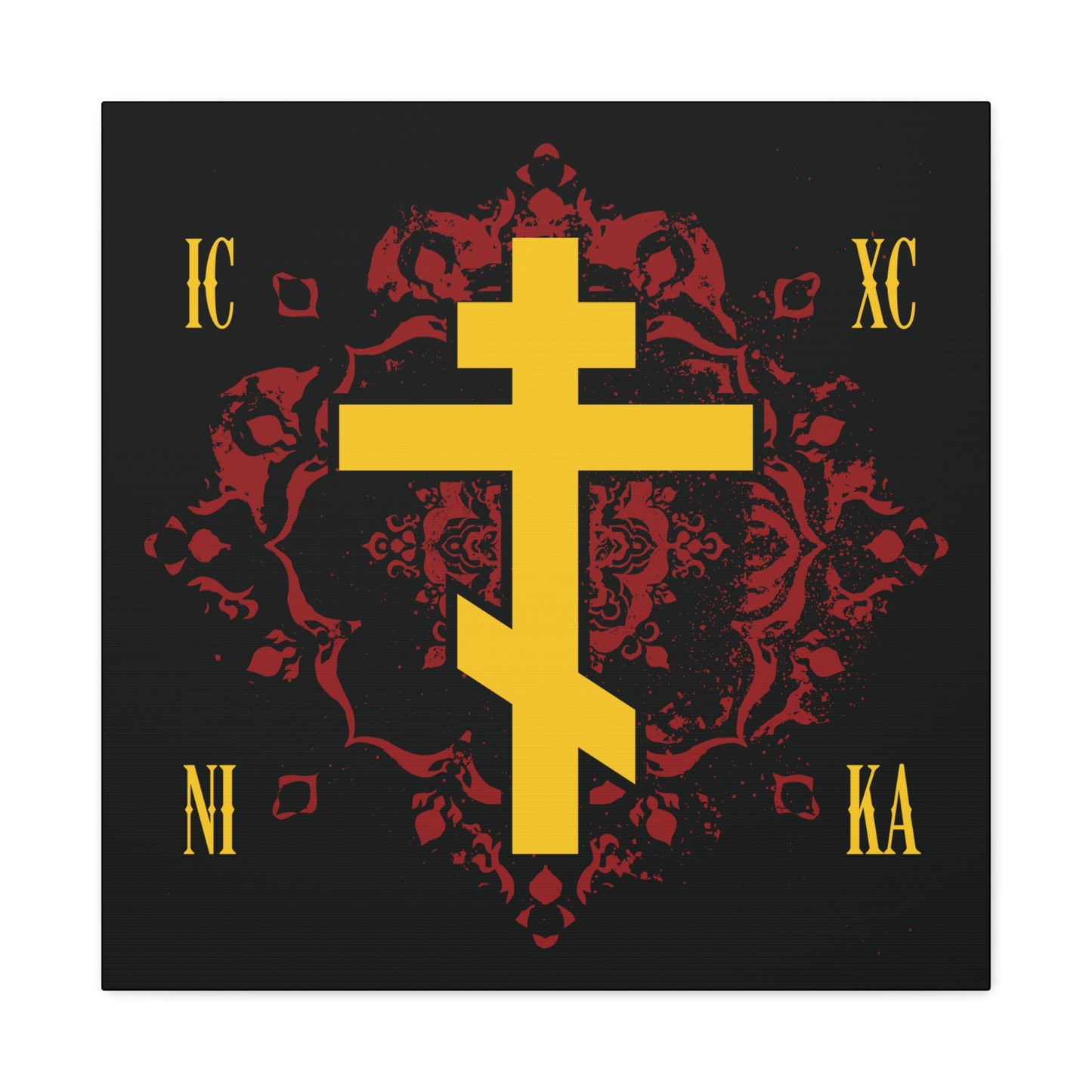 The ICXC NIKA Yellow Russian Cross on an ornate red background features "Jesus Christ Conquers" in Greek, symbolizing Christ, inspired by St. Kosmas Aitolos—an Orthodox Christian canvas art piece.