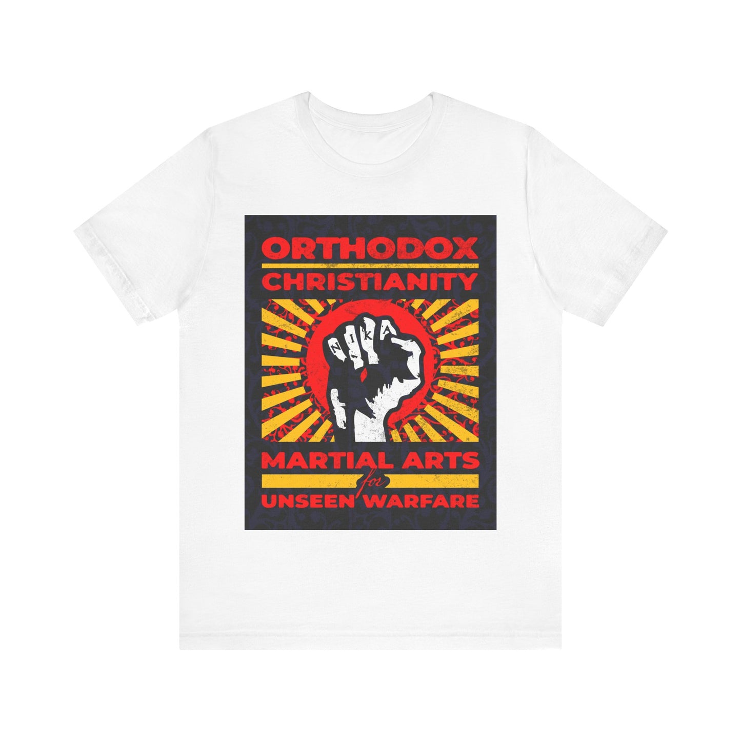 Orthodox Christianity: Martial Arts for Unseen Warfare | NIKA Jesus Fist on Colorful Sunburst Design | Orthodox Christian T-Shirt