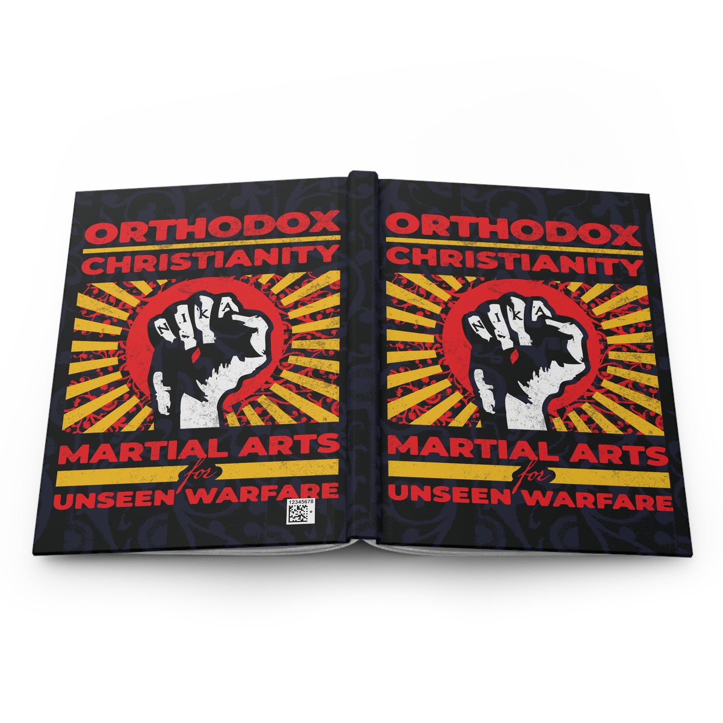 Orthodox Christianity: Martial Arts for Unseen Warfare | NIKA Jesus Fist on Colorful Sunburst Design | Orthodox Christian Hardcover Journal