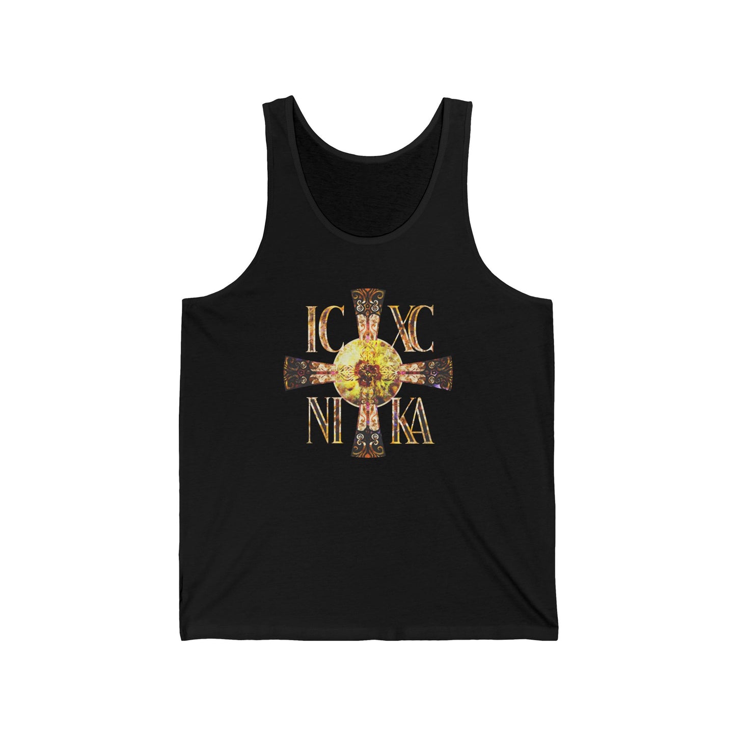 ICXC NIKA Celtic Style Equal Armed Cross | Bright Solar Texture | Orthodox Christian Jersey Tank Top