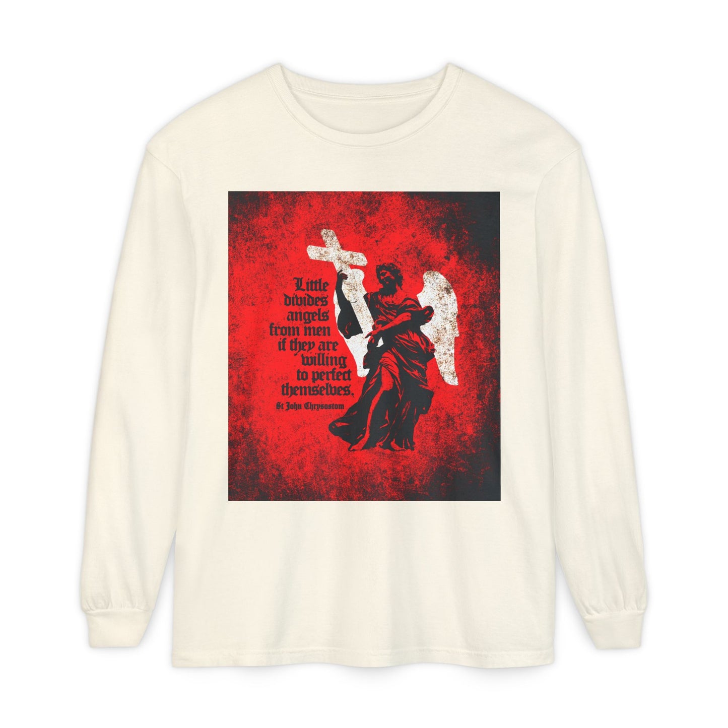 Little Divides Angels from Men | Christian Perfection | St John Chrysostom | Textured Cemetery Angel | Orthodox Christian Long Sleeve Shirt