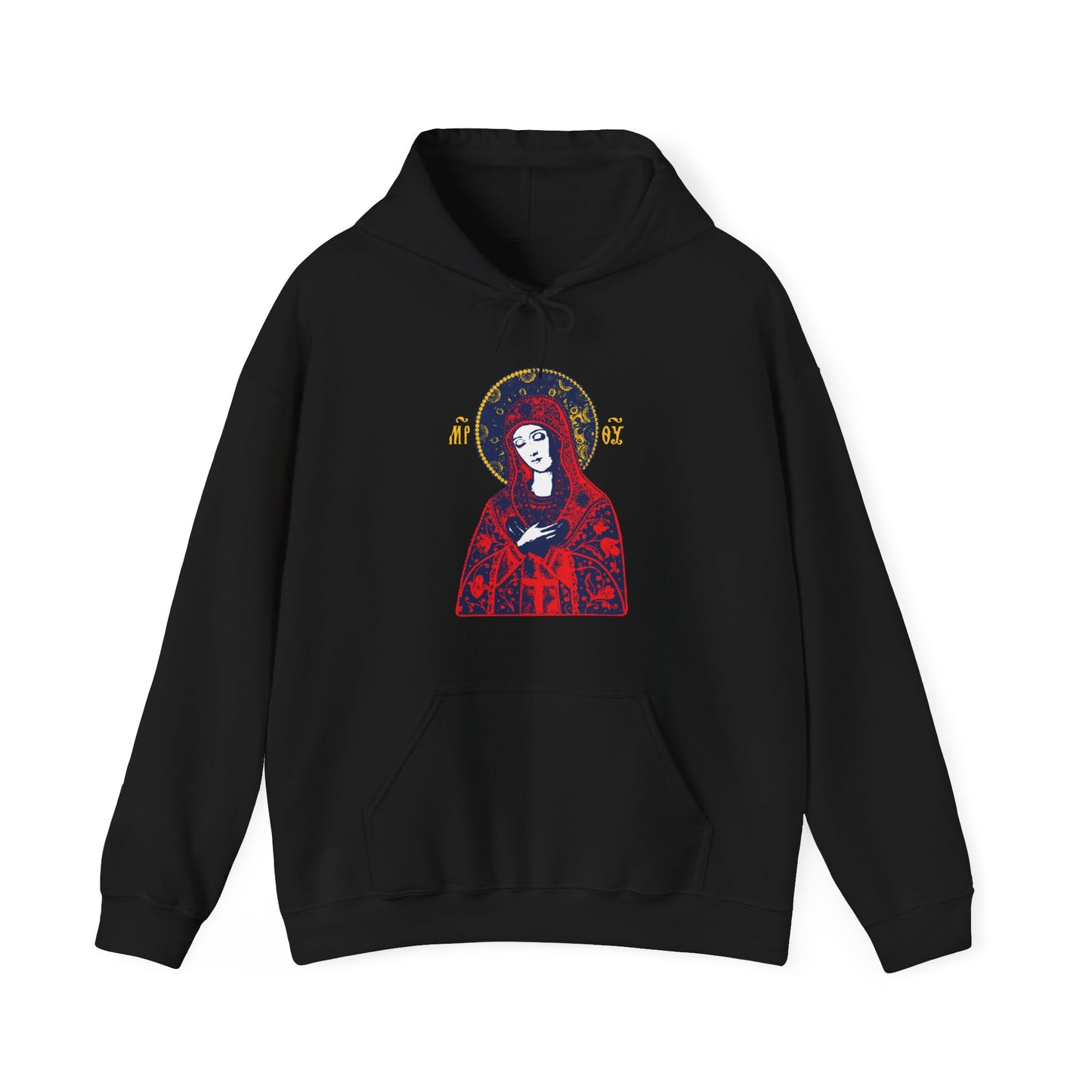 Joy of All Joys Tenderness Theotokos Iconographic Based on Traditional Orthodox Iconography | Bright Red Design | Orthodox Christian Hoodie