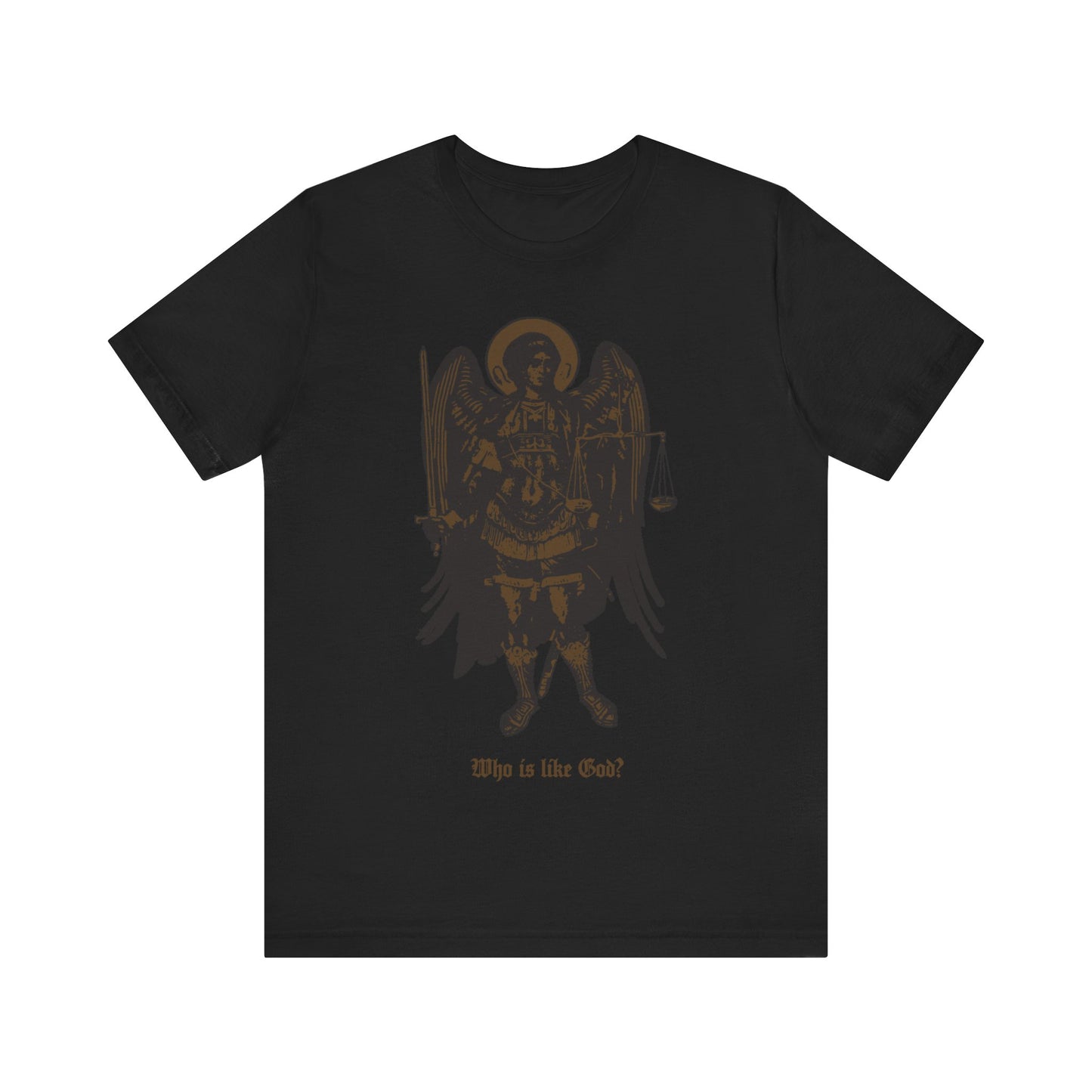Black & Bronze Archangel Michael With Sword & Scales of Justice Icono-Graphic | Who Is Like God? | Orthodox Christian Cotton T-Shirt
