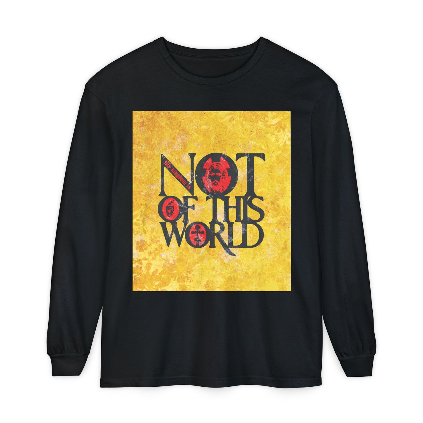 My Kingdom is Not of This World (John 18:36) | Bold Red, Yellow & Black Textured Design with Icon Motifs | Orthodox Christian Long Sleeve Shirt