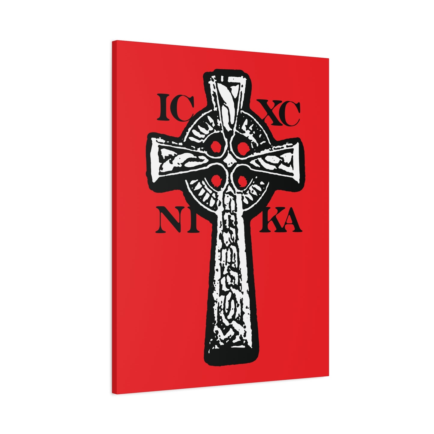 The ICXC NIKA Celtic Knotwork Cross features black and white detailing on a vivid red background, with Greek letters symbolizing "Jesus Christ Conquers." This traditional Orthodox Christian wall art represents salvation and the power of the Cross.