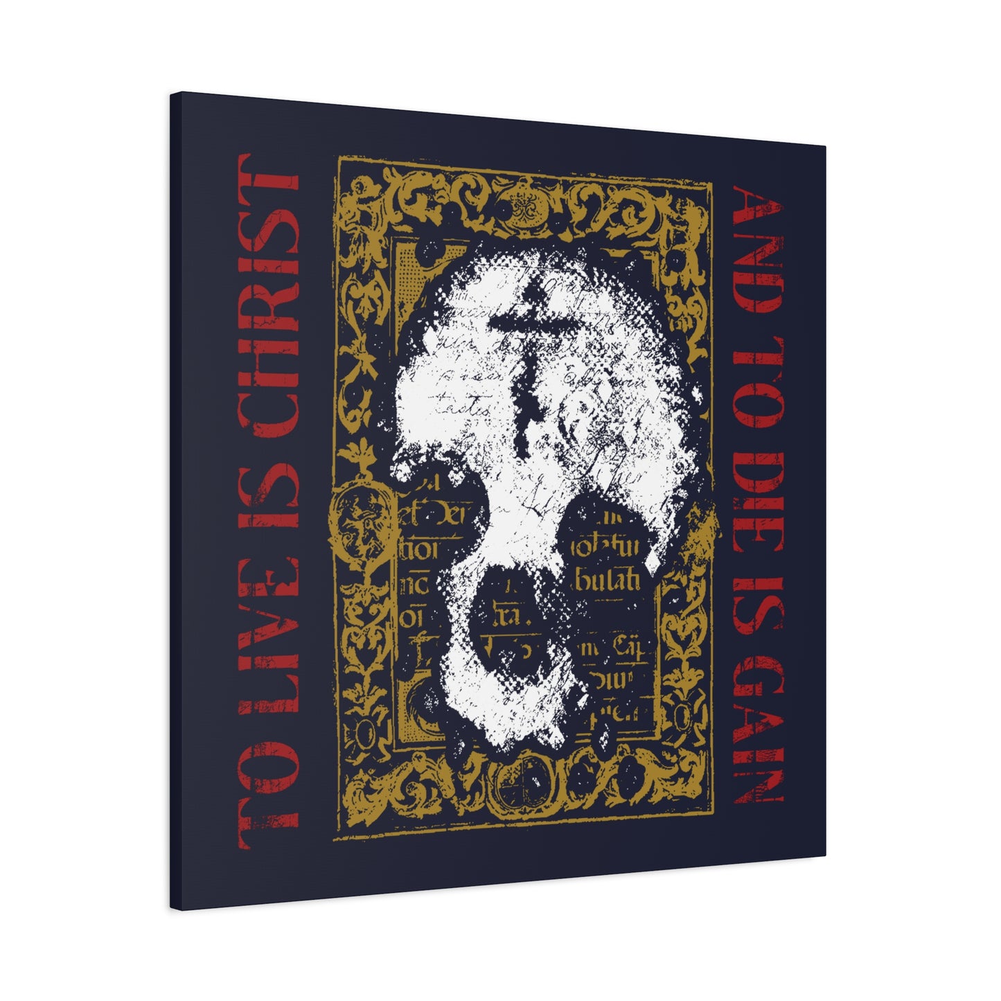 To Live is Christ, to Die is Gain (Philippians 1:21) | Skull with Cross on Gold Manuscript Texture | Orthodox Christian Canvas Art