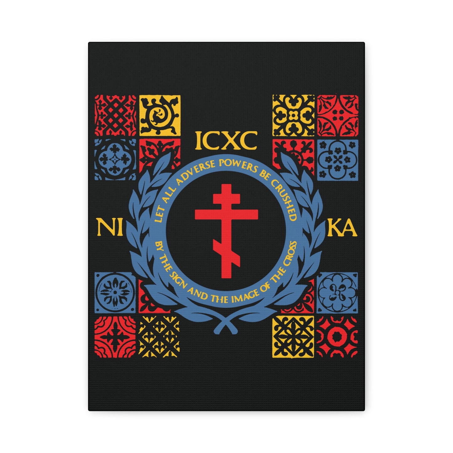 Let All Adverse Powers Be Crushed (Red, Yellow & Blue Design) | ICXC NIKA | Medieval Tile Design | Orthodox Christian Canvas Art