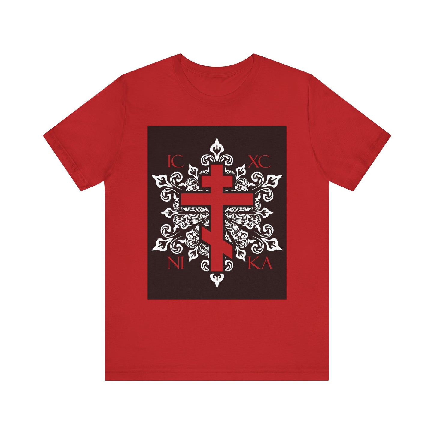 The ICXC/NIKA Red Orthodox Cross T-shirt is a lightweight unisex cotton tee featuring an ornate white medieval floral design—a best-selling red Orthodox Christian shirt inspired by spiritual tradition.