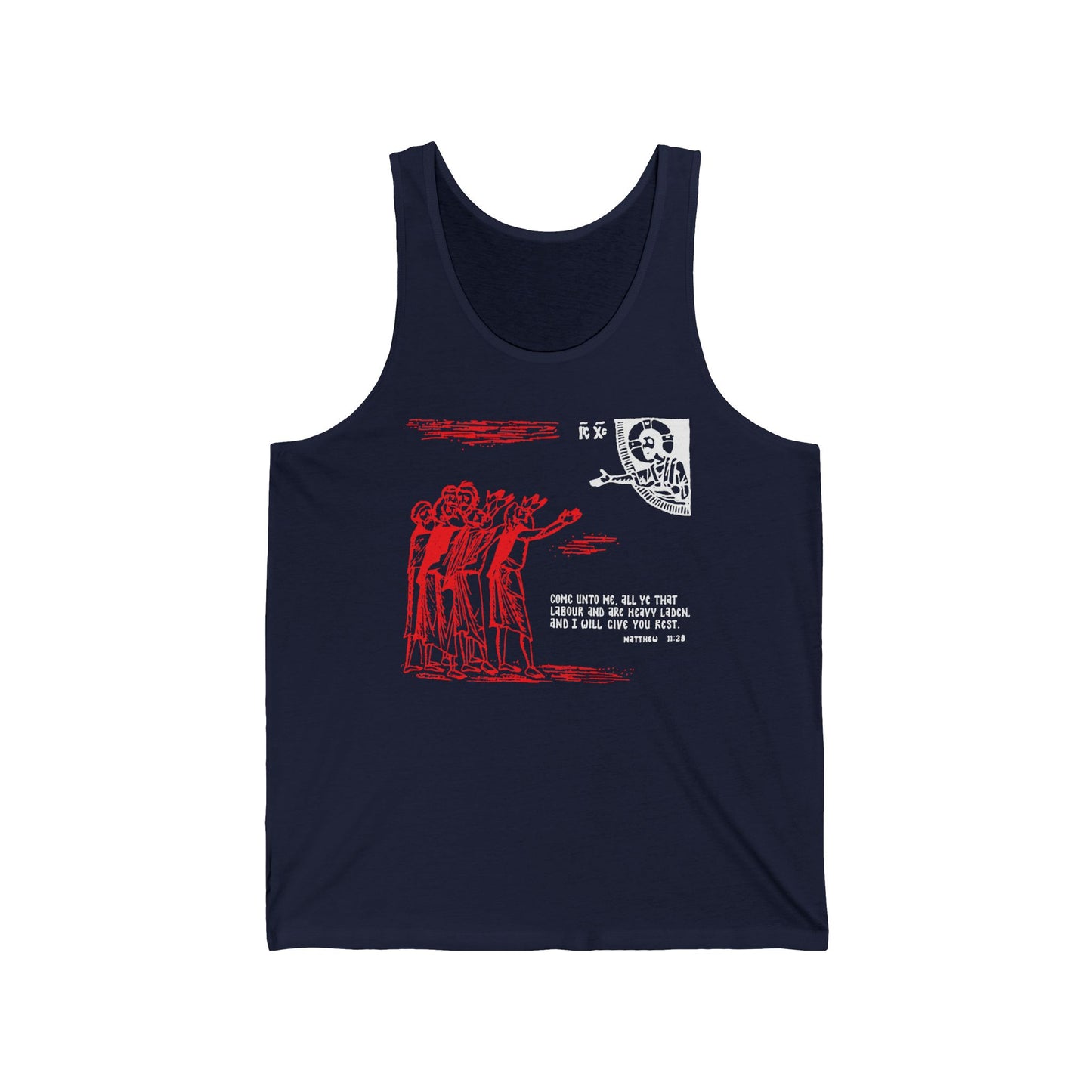 Navy tank top with red abstract figures and white text/graphics on the front, inspired by Orthodox Christian iconography and Matthew 11:28: “Come Unto Me All Ye That Labour & Are Heavy Laden.”.