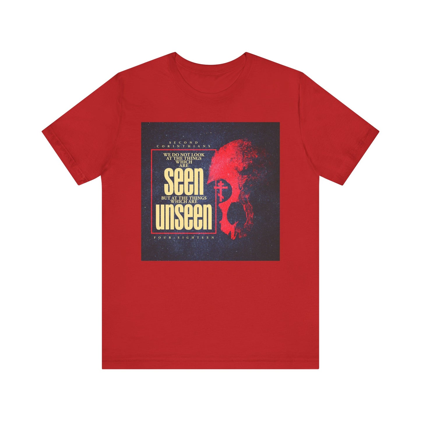 Certainly! Here’s a rewritten version of your sentence using the provided product data: The "We Do Not Look At the Things Which Are Seen (St. Paul)" lightweight unisex tee features a textured red skull and Orthodox cross graphic on a red cotton shirt, with inspiring text echoing 2 Corinthians and reflecting the strength of the inward man.