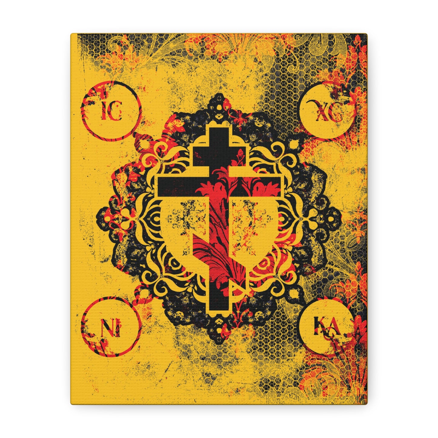 IC XC NIKA Orthodox Cross | Yellow & Red Modern & Medieval Textured Floral Design | Orthodox Christian Canvas Art