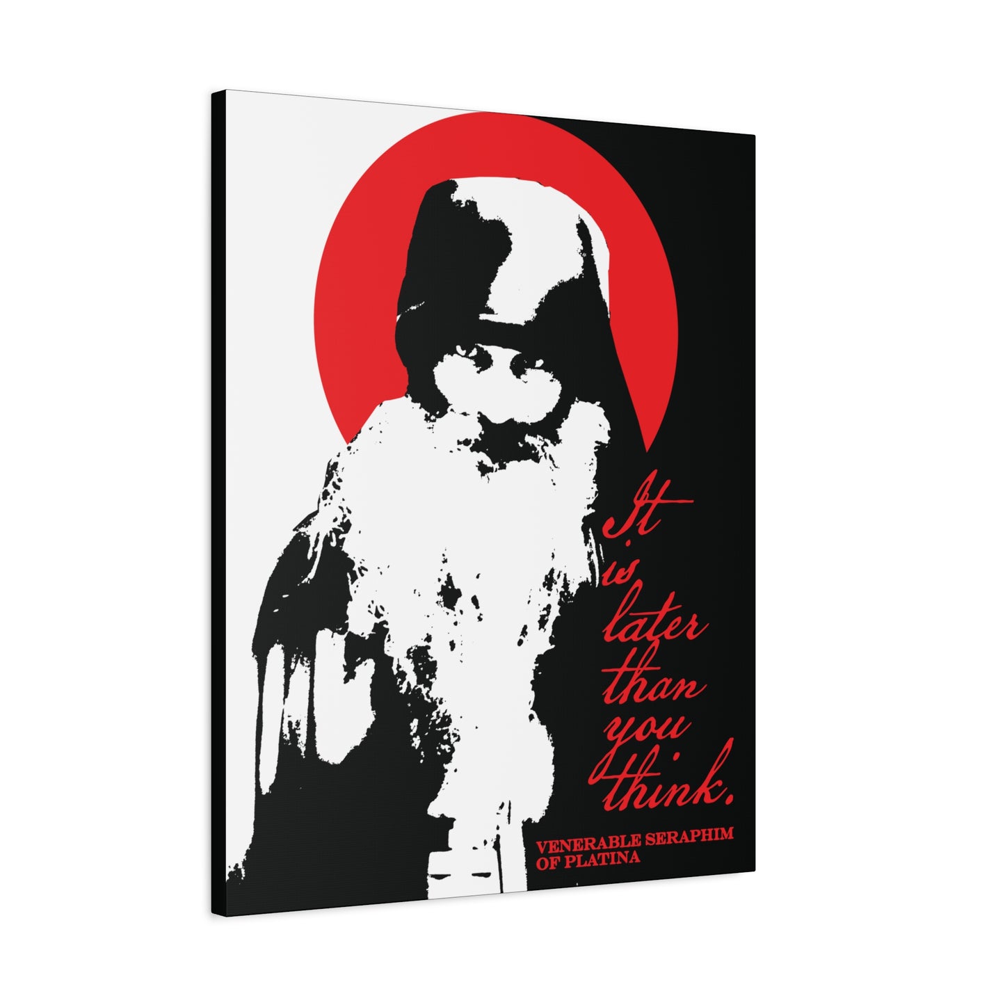 Remembrance of Death "It’s Later Than You Think" canvas features Fr Seraphim Rose in bold black, white, and red, with a red halo and script, plus the phrase "Memento Mori." Celebrate this modern Orthodox saint with striking Christian wall art.