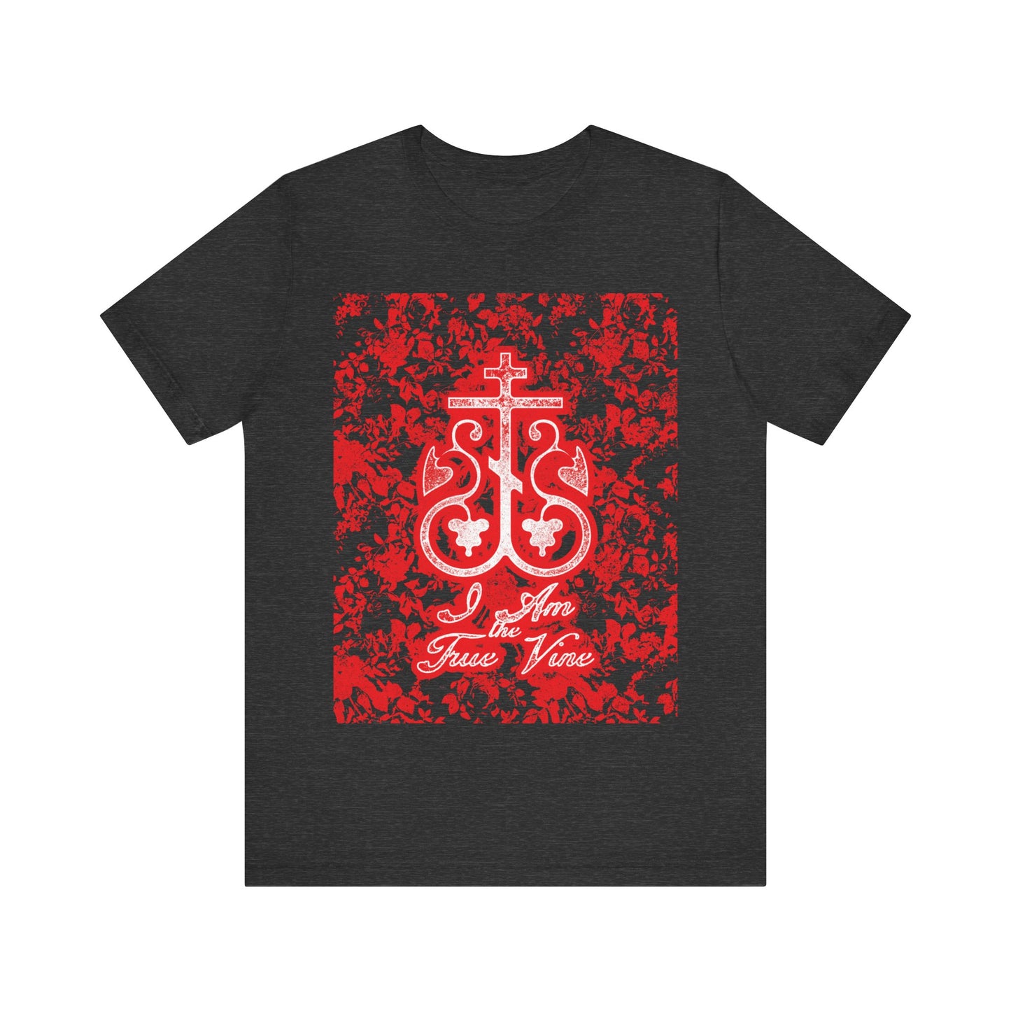 I Am the True Vine (John 15:1) | Orthodox Cross Vine Monogram | Red and Black Floral Design | Orthodox Christian T-Shirt