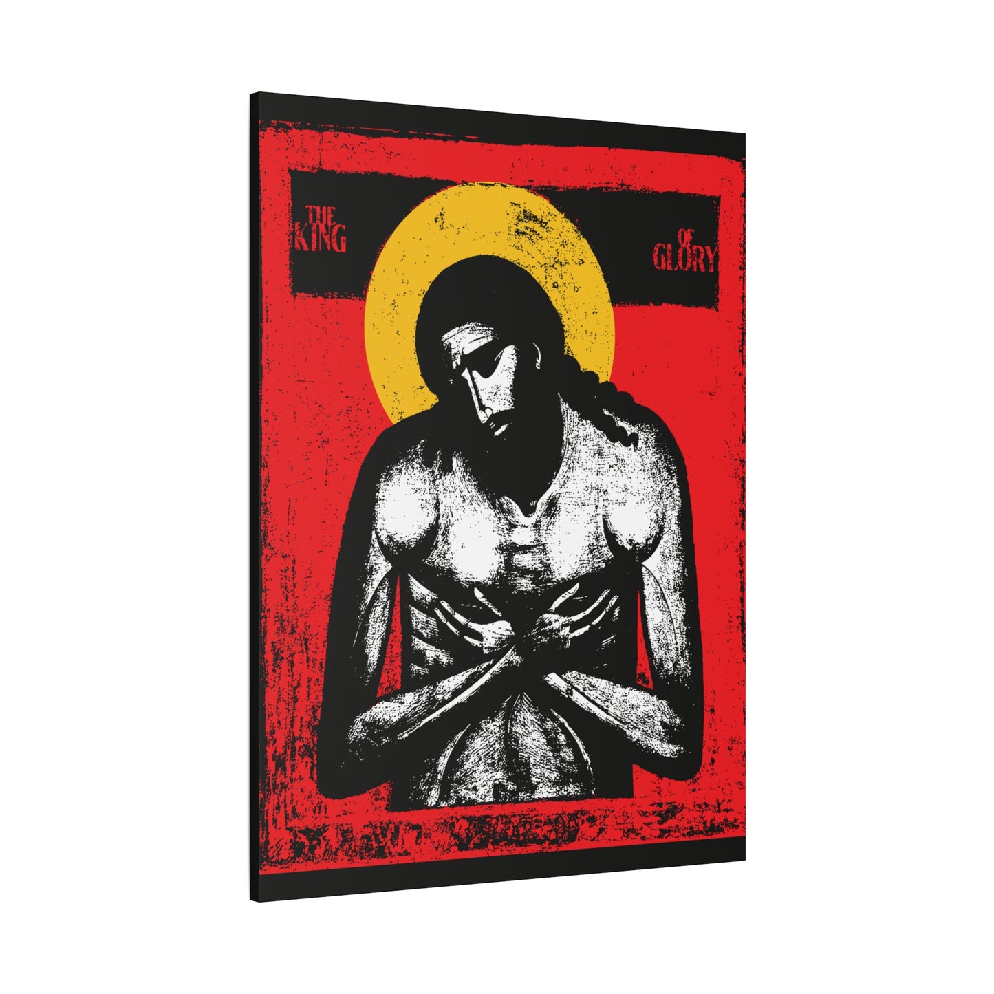 The King of Glory Jesus Christ "Extreme Humility" IconoGraphic—Christian devotional wall art in red, yellow, white, and black, inspired by Isaiah 53 and timeless Bible verses.