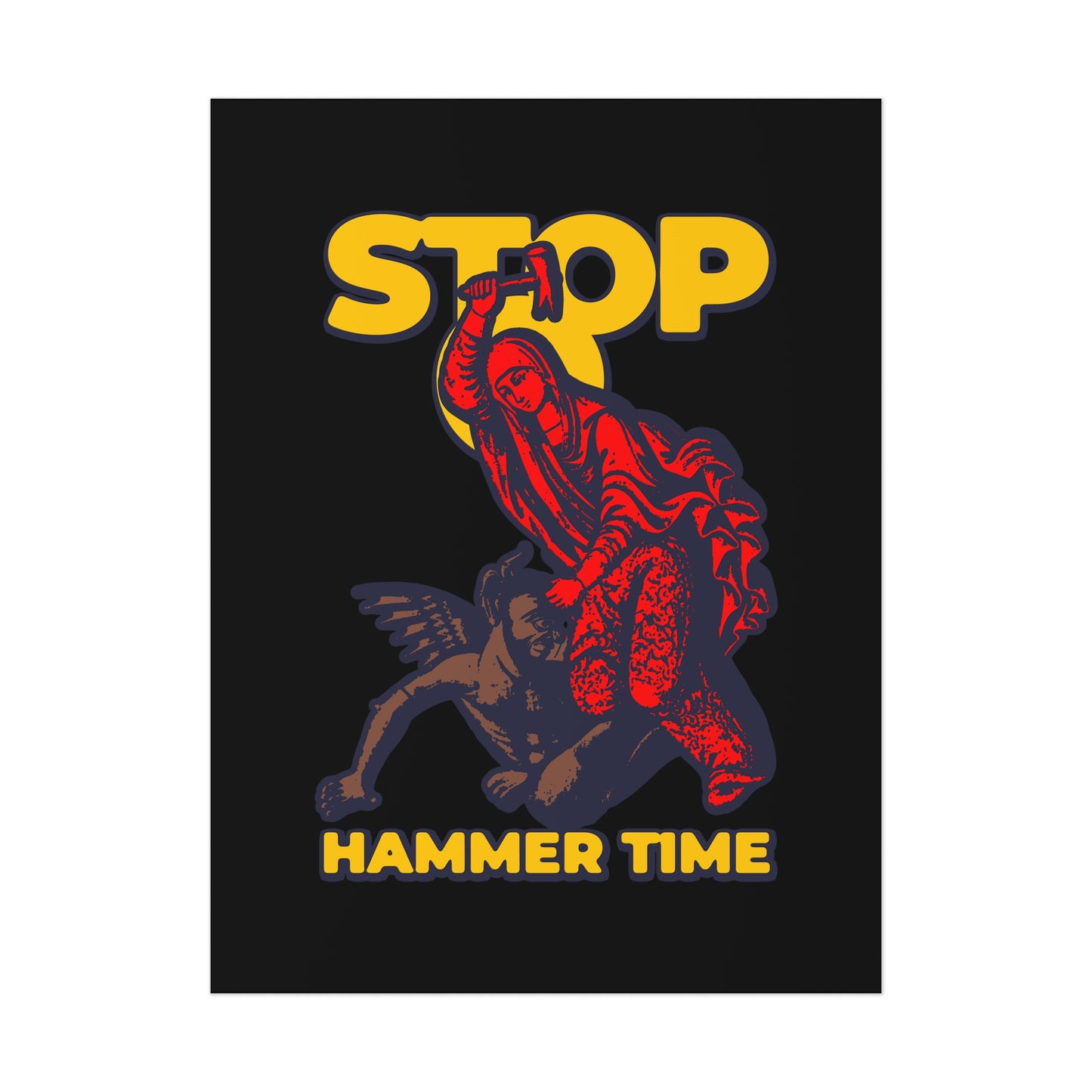 A red-robed St Marina of Antioch beats the devil with a hammer atop a winged creature, with “STOP, HAMMER TIME” text—Modern Orthodox Meme Christian Art Poster in red, blue, and yellow.