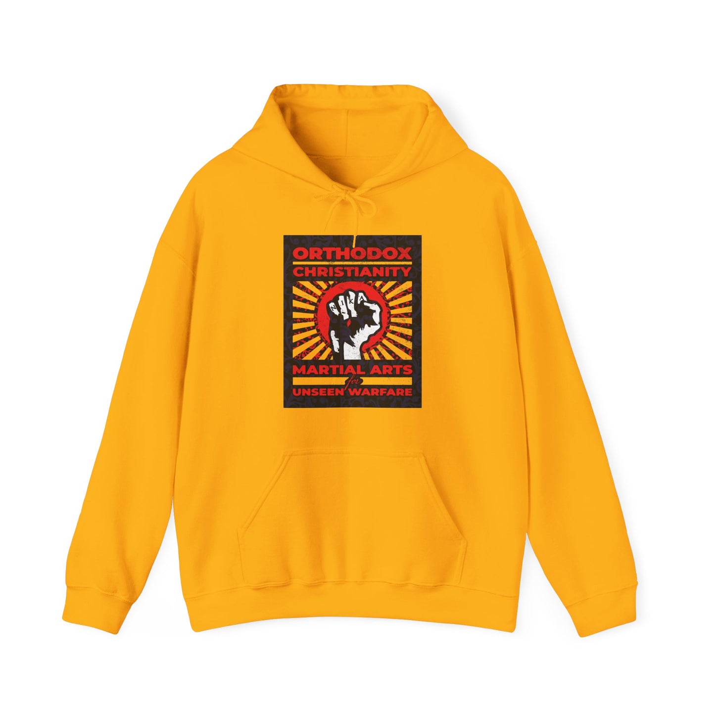 Orthodox Christianity: Martial Arts for Unseen Warfare | NIKA Jesus Fist on Colorful Sunburst Design | Orthodox Christian Hoodie