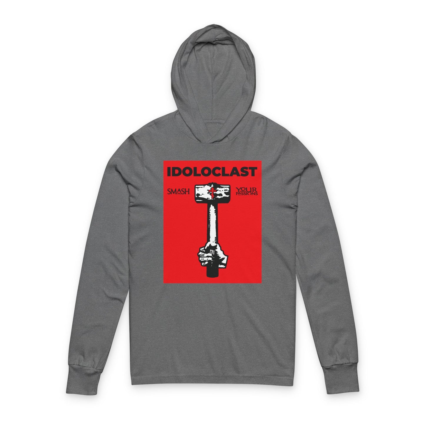 Grey TriBlend hoodie with red Jesus NIKA fist and sledgehammer graphic on the chest, featuring "Idoloclast Idol-Smasher"—ideal for expressing Christian asceticism and challenging passions.