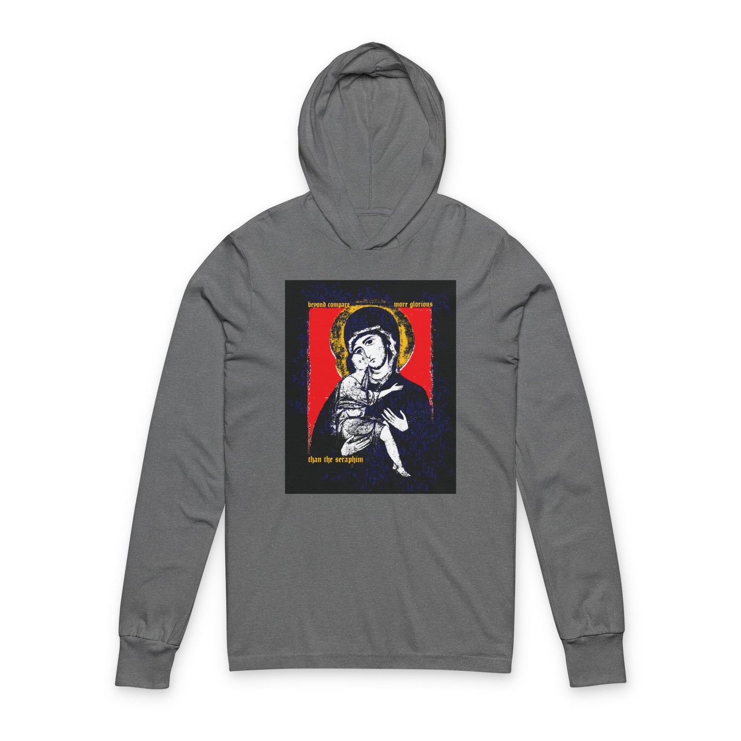Beyond Compare More Glorious Than the Seraphim | Vladimir Theotokos Iconographic | Orthodox Long Sleeve Hooded Shirt